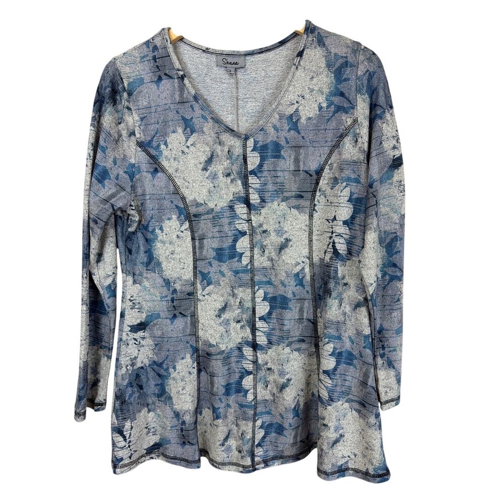 NWT Shana Blue Floral Pattern V-Neck Long Sleeve Top Small